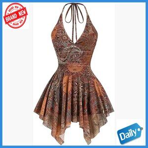 Boho Halter Mini Dress Paisley Western Flowy Ruffle Casual Summer